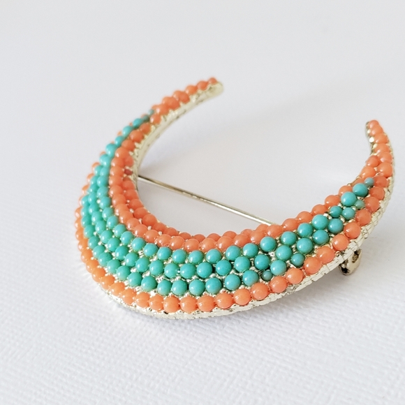 Vintage Simulated Coral and Turquoise Brooch BKS Signed - Picture 5 of 12